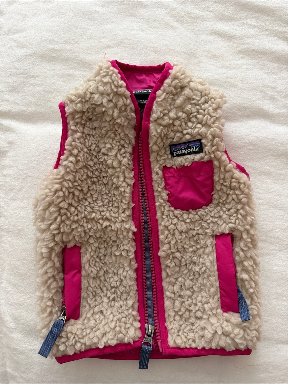 Patagonia Kids Cream Sherpa Vest with Bright Pink Trim